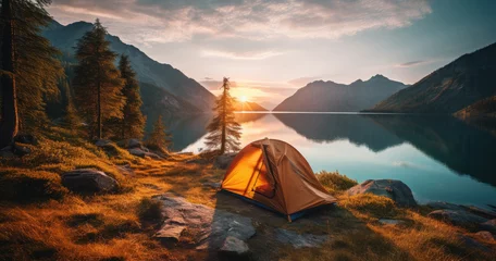 Fotobehang Tourist tent on the background of lake and mountains, tourism © Alina Zavhorodnii