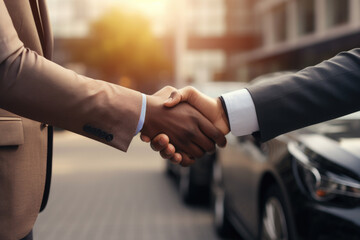 A black man or client buys a new car and closes a deal with a handshake with the seller - obrazy, fototapety, plakaty