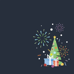 Colorful geometric Christmas elements with firework on dark blue background have blank space. Merry Xmas and Happy New Year greeting card vector illustration template.