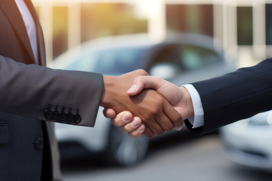 Close-up of one woman and one man close a car deal with a handshake on the driveway
