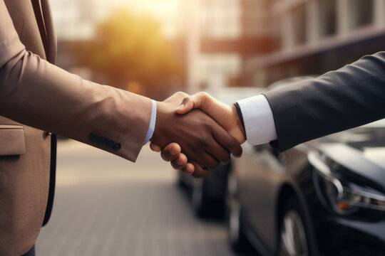 A black man or client buys a new car and closes a deal with a handshake with the seller