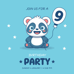 Cute baby boy panda. Birthday invitation for 9 year. Vector illustration