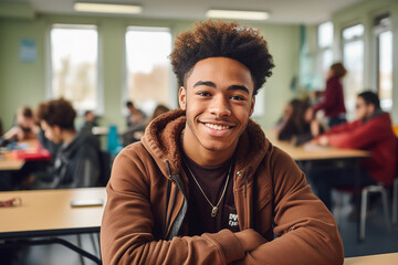 The portrait of a smiling black male teenager in a casual outfits/ a neatly suit sitting in a classroom fulled of students. Generative AI. - obrazy, fototapety, plakaty