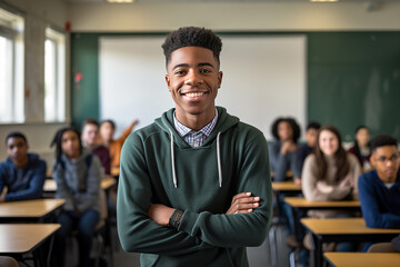 The portrait of a smiling black male teenager in a casual outfits/ a neatly suit sitting in a classroom fulled of students. Generative AI.