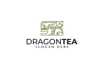 tea leaf with dragon line art style modern logo design template