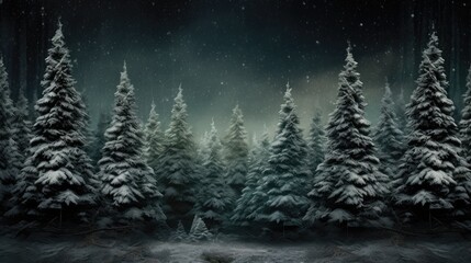 Night dark Forest winter landscape with fir trees on starry sky background. Moody botanical atmosphere illustration. Dreamy wallpaper for Christmas or New Year greetings. - obrazy, fototapety, plakaty