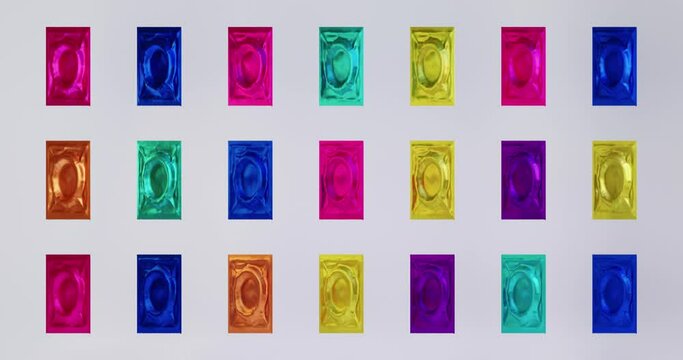 3d looped animation stylized bright condoms rotate 360 degrees. Pattern screensaver, background, contraceptives