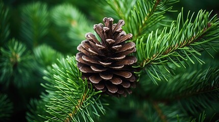 Naklejka premium Fir tree branches with cones, Christmas, New year background concept. Texture of pine cones and spruce branches. Christmas tree with cone in forest. Dark moody botanical wallpaper..