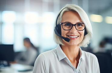 Happy old business woman in headset ready for online conference call, looking at camera. Mature female call center agent operator telemarketer talking consulting customer service support in office. - obrazy, fototapety, plakaty