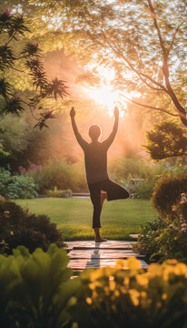Person practicing yoga in garden with beautiful sunlight. Created with Generative AI technology