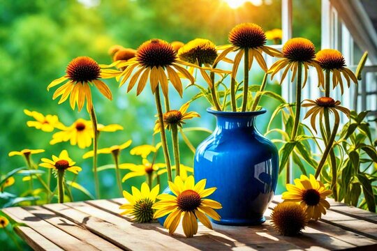 sunflower in a vase, sunflower in vase on wooden surface, sunflowers in blue vase, 