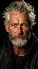 Obraz premium Close up portrait of an elegant senior man blue eyed and with grey hair on background. Man face portrait illustration. Generative AI