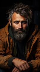 Sad bearded middle-aged man in casual sitting on couch at home, leaning on hands and looking down, upset man having problems, side view, copy space. Sad emotion illustration. Generative AI