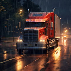 Truck driving in the rain.