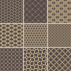 Set of geometric seamless patterns. Collection of golden geometric vector abstract ornament. Set of modern backgrounds with repeating elements
