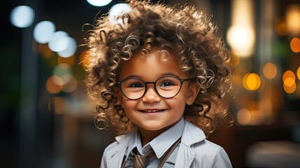 Cute small african american kid boy wear medical uniform glasses holding stethoscope playing doctor, happy funny little mixed race preschool child pretending pediatrician. Generative AI art