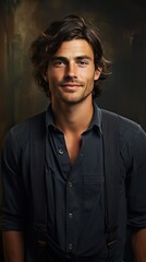 Obraz premium Handsome young man on background looking at camera. Portrait of laughing young man with hands in pockets leaning against grey wall. Happy guy smiling. Man portrait illustration. Generative AI