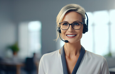 Customer support woman agent standing in bright office with headset with microphone. Middle aged woman working as call center operator. Copy space.