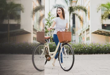 Foto op Canvas Photo of young Asian woman with bicycle © Timeimage