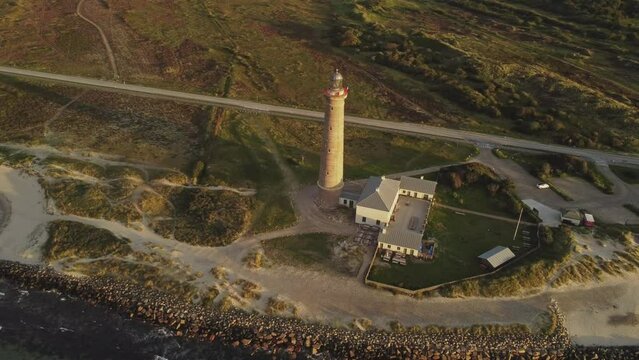 Iconic Architecture Of Skagen Lighthouse Near Jutland, Denmark. Aerial Drone Shot