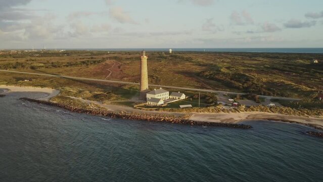 Scenic Aerial View Of Skagen Grey Lighthouse Near Jutland, Skagen, Denmark. 