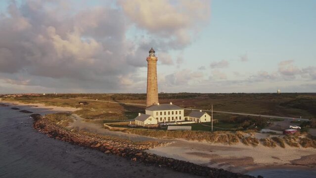 Aerial View Of Skagen Lighthouse In Frederikshavn, Skagen, Denmark. - backward