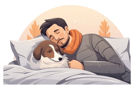 Man And Dog Sleep Together In Cozy Bed