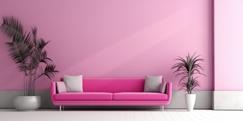 Fototapeta na wymiar Monochrome Viva Magenta Interior With Furniture And Plant Pot