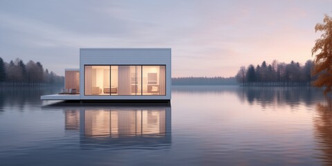 Modern White Tiny House On Lake