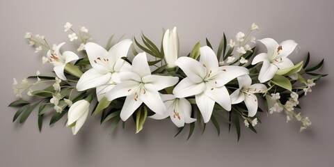 Mournful Banner With White Lily Flowers, Side View Funeral Service White Coffin, Silver Handles, White Flowers - obrazy, fototapety, plakaty