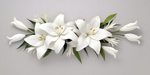 Mournful Banner With White Lily Flowers, Side View Funeral Service White Coffin, Silver Handles, White Flowers