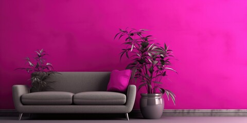 Monochrome Viva Magenta Interior With Furniture And Plant Pot