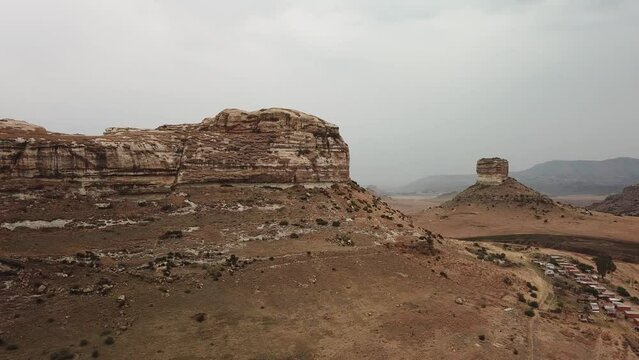 Drone shot of sandstone mountain formations (Oranje koppies) in Clarens, South Africa.