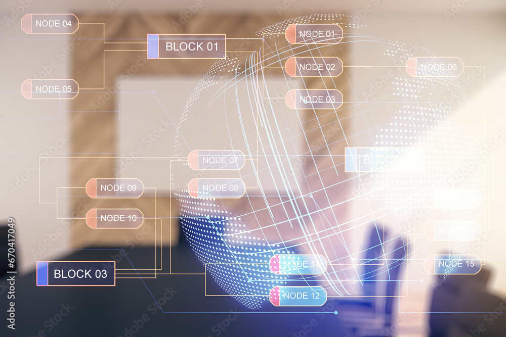 Poster Multi exposure of abstract software development hologram and world map on a modern meeting room background, global research and analytics concept