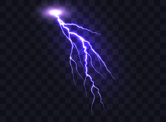 Electric discharge. Purple lightning isolated on transparent background. Flash Light. Realistic lightning glow. Natural phenomenon. Vector illustration. - obrazy, fototapety, plakaty