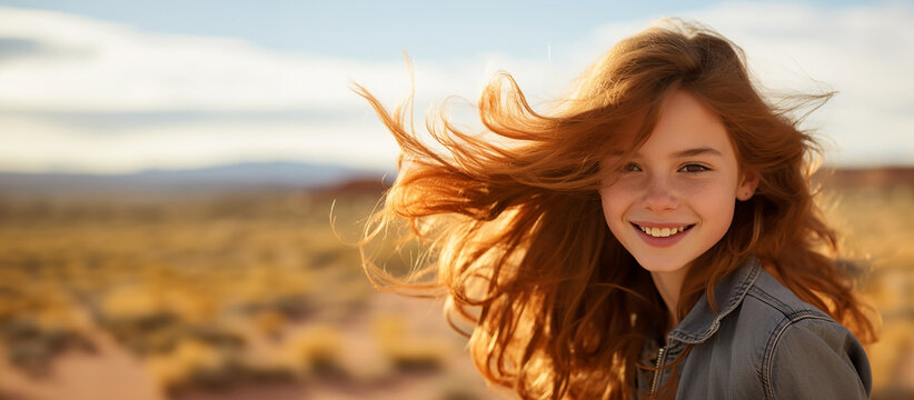 The portrait of a smiling girl or female teenager in a brown jacket shot while wind blowing her hair in the outdoor landscape and backlit on a sunset  morning time. Generative AI.