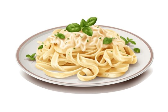 Plate Of Fettuccine Alfredo With Garnish On White Background