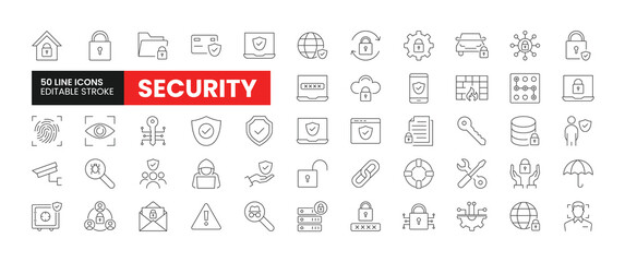 Set of 50 Security line icons set. Security outline icons with editable stroke collection. Includes Fingerprint, Firewall, Cyber Security, Protection, Secure Payment and More. - obrazy, fototapety, plakaty