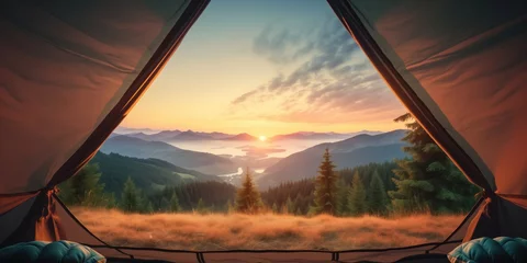 Foto op Plexiglas Serene View Of Nature From Inside Tent, Highlighted By Stunning Sunrise © Anastasiia