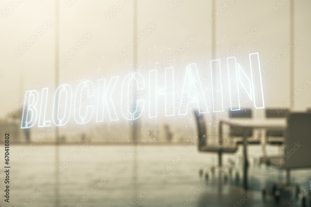 Poster abstract virtual blockchain technology sketch on a modern boardroom background, future technology an