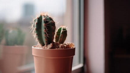 A cute cactus in a pastel pink pot on a windowsill. AI generated