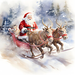 Santa Claus on a sleigh pulled by deer. Coniferous forest in the background. Christmas card on a white background.