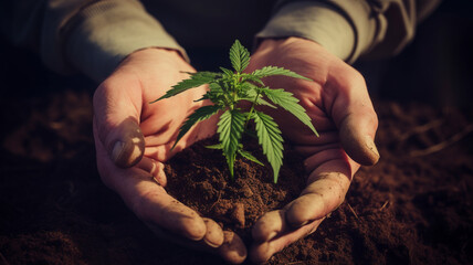 Farmer hands holding a medical marijuana plant - obrazy, fototapety, plakaty