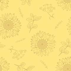 Floral background. Vector outline illustration of herb and flowers. Botanical seamless pattern.