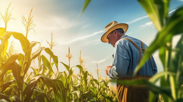 Farmer examining corn plant field and bright sky in the morning.
