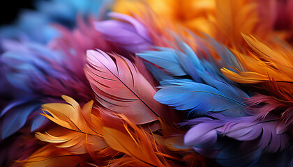 Close-up of vibrant multi-colored feathers, with intricate details showcasing their delicate texture and layered arrangement
