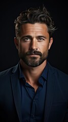 Fototapeta premium Portrait of attractive glad cheerful man manager demonstrating ad copy space over background. Man portrait illustration. Generative AI