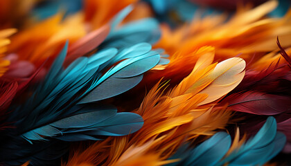 Richly hued feathers in brilliant shades of teal, amber, and crimson, presented in a mesmerizing close-up, highlighting their intricate structures and textures.