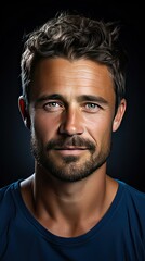 Close up portrait of smiling handsome man in blue t-shirt on background. Man face portrait illustration. Generative AI