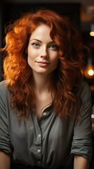 Fototapeta premium Portrait of smiling mature woman looking at camera with big grin. Successful middle aged woman at home smiling. Beautiful mid adult lady with long red hair enjoying. Generative AI art